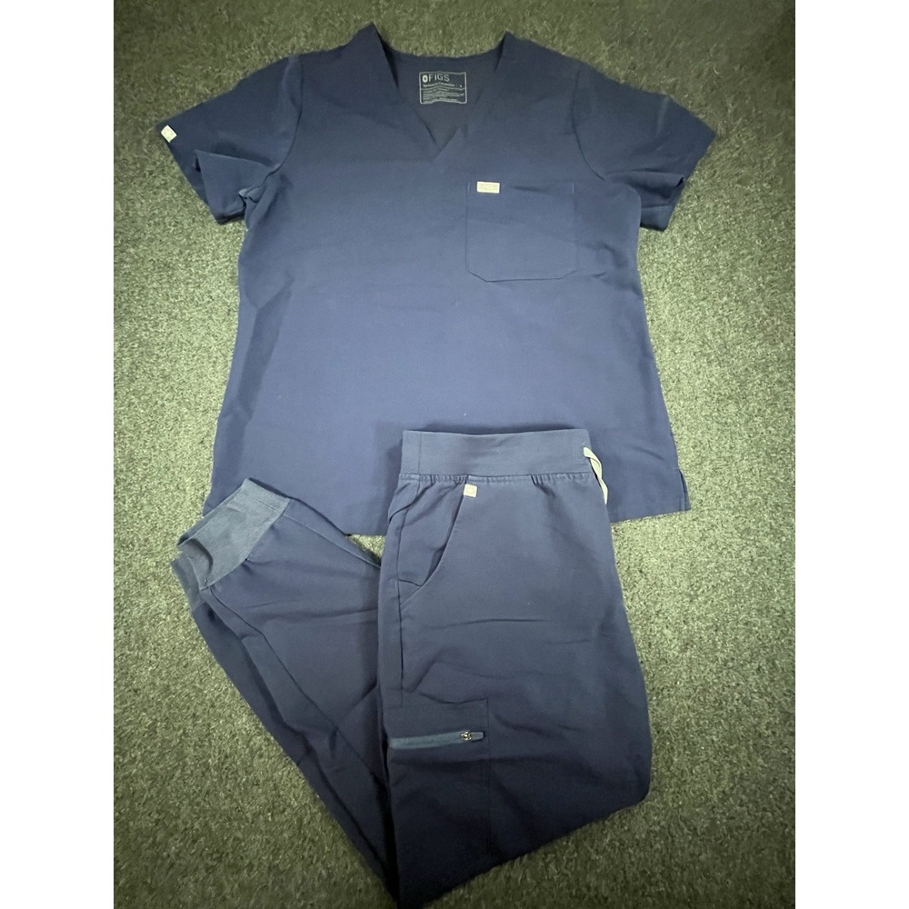 FIGS Technical Collection Scrub Set Women L Navy Top Jogger Pants Stains